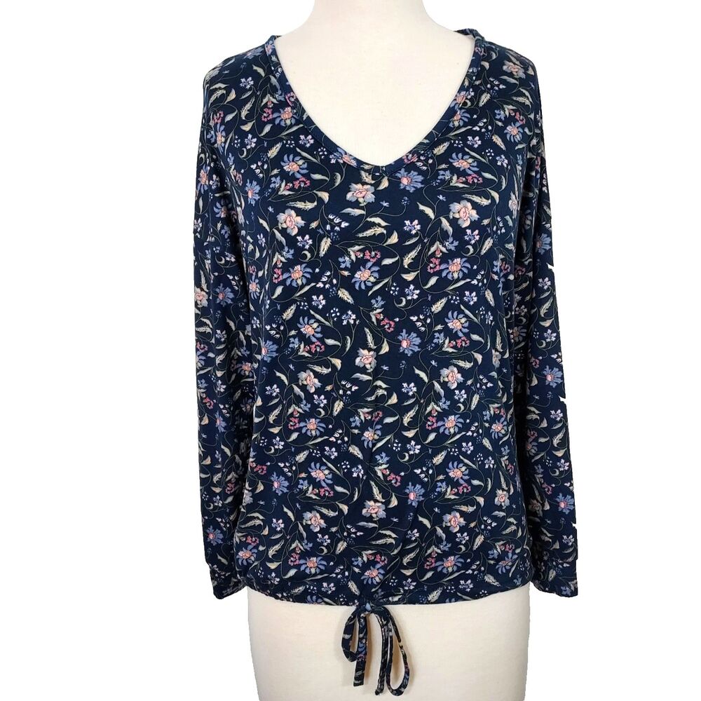 Lucky Brand Tie Waist Shirt Top Size Medium Stretch Blue Floral Comfy Soft